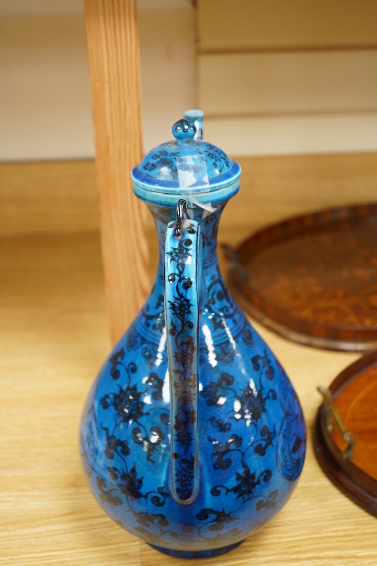 A Chinese blue glazed ewer and cover, 37cm high